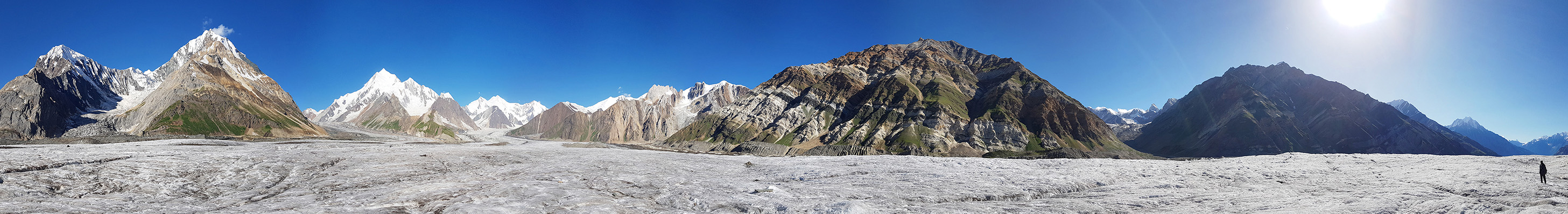 Панорама с центральной части ледника Chogo Lungma напротив долины Sgari-Byen Gang