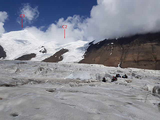 Вид с центра ледника на ключевой участок подъема на пик Spantik