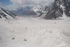 Зеравшанский ледник из-под перевала Дарапиоз Восточный (1 - ледник Белый, 2 - ледник Ахун, 3 - ледник Мир-Амин, 4 - Зеравшанский ледник, 5 - пик 4410)